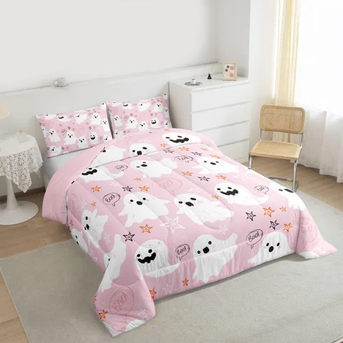 Miniatura 2 de Feelyou Juego de edredón de Halloween, color rosa fantasma, juego de ropa de cama tamaño individual, decoración para niños y niñas, lindo juego