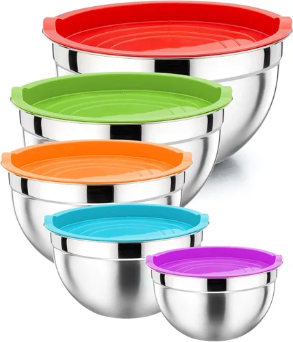 P&P CHEF Juego de 5 cuencos para mezclar con tapas herméticas, 10 piezas de acero inoxidable, cuenco de metal con tapa para preparación y Varios