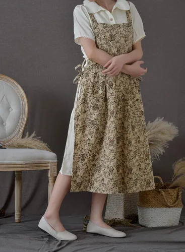 Miniatura 3 de Delantal japonés de algodón con espalda cruzada para mujer con bolsillos A1-café Floral