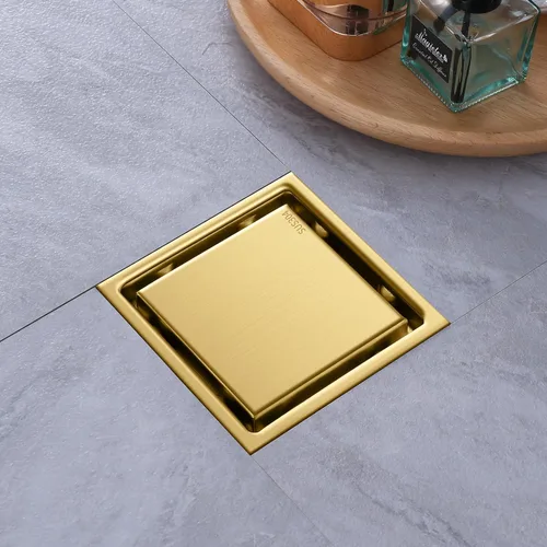 Miniatura 8 de Desagüe de suelo de ducha cuadrado cepillado oculto, dorado de 4 pulgadas, acero inoxidable 304, con brida, cubierta desmontable incrustada en Oro