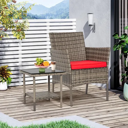 Miniatura 5 de FDW Juego de muebles de exterior de 3 piezas para patio, sillas de mimbre gris, juego de conversación de bistró, 2 sillas de ratán con cojines rojos