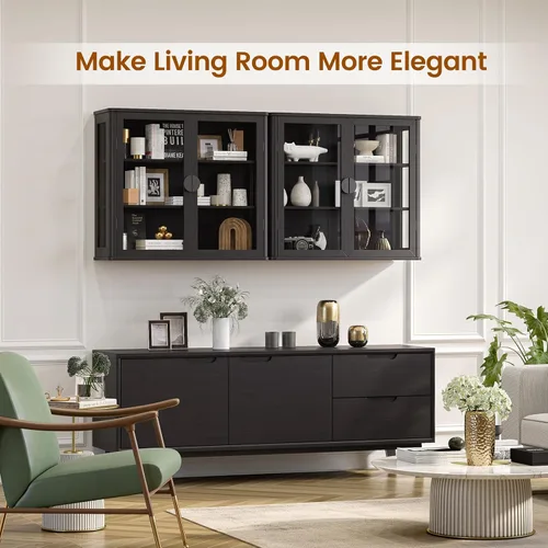 Miniatura 6 de NEWOWNDS Gabinete de Almacenamiento de Pared con Vitrina de Vidrio Templado Negro, Gabinete de Pared para Baño, Gabinete Montado en la Pared