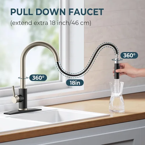 Miniatura 4 de FORIOUS Grifo de cocina con rociador extraíble, grifo de fregadero clásico moderno de arco alto de acero inoxidable con placa de cubierta para 1 o 3