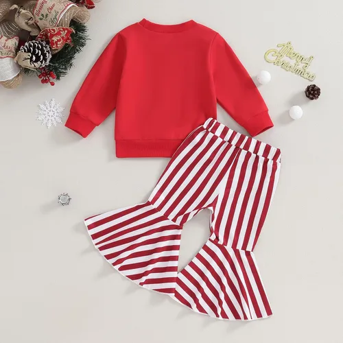 Miniatura 6 de Kupretty Ropa de otoño e invierno para bebé niña, sudadera con cuello redondo y pantalones acampanados a rayas, conjunto de trajes de Navidad