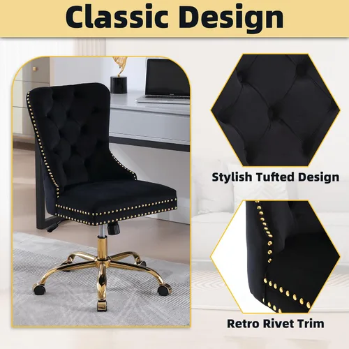 Miniatura 4 de Silla de escritorio de terciopelo con ruedas, silla de oficina dorada, silla giratoria sin brazos con ribete de remache de respaldo alto, cómoda