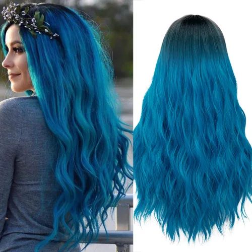 Mildiso - Peluca de cabello largo natural ondulado para mujer, color azul de color degradado, perfecto para fiestas, cosplay o uso diario