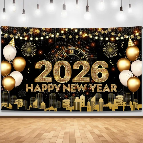 Katchon, Xtralarge - Cartel de feliz año nuevo – 72 x 44 pulgadas | Cartel dorado de feliz año nuevo 2026 para decoraciones de Año Nuevo 2026 |