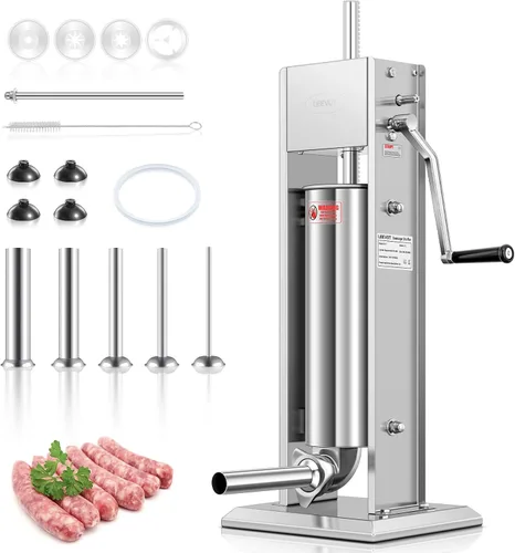 Miniatura 8 de LEEVOT - Embutidor manual de 7LBS/3L, kit profesional de acero inoxidable para hacer y rellenar salchichas con 2 velocidades, 5 tubos de relleno