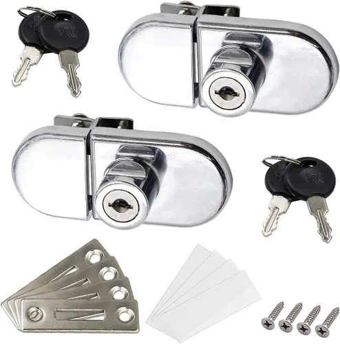 Cerradura de vitrina sin taladro para vidrio de 0.2 a 0.3 pulgadas, llave igual, montaje puerta a puerta, 2 juegos ovalados cromados de 3.35 x 1.49