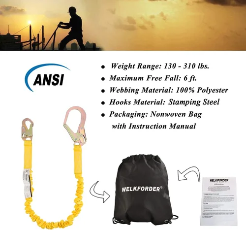 Miniatura 6 de Cordón de Seguridad Extensible de Una Sola Pierna de 6 Pies con Protección contra Caídas y Absorción de Impactos Interna con Conectores de Gancho