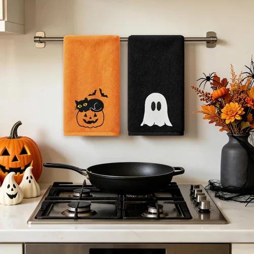 Miniatura 5 de Hexagram Halloween Hand Towels for Bathroom Set of 2, Black and Orange Halloween Bathroom Decor Embroidered Ghost Pattern, Soft Luxury Hand Towels