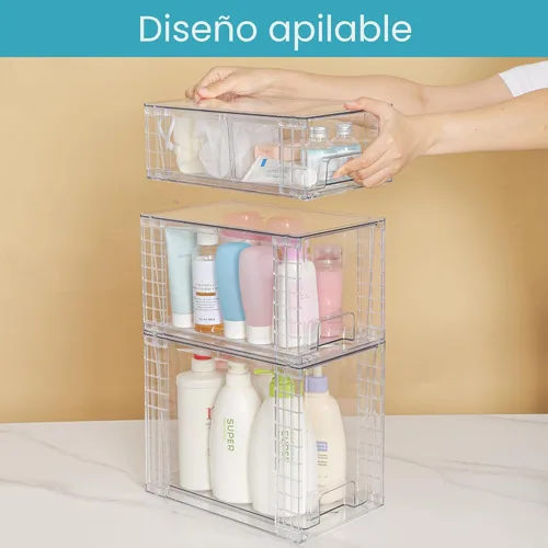 Miniatura 8 de Vtopmart Paquete de 3 cajones de almacenamiento apilables transparentes, organizadores de baño fáciles de montar y almacenamiento con asas, cajones