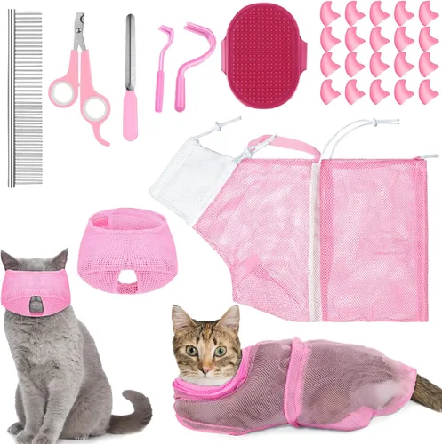 Miniatura 11 de Juego de 9 Piezas de Bolsa de Baño para Gatos, Bolsa de Ducha para Gatos Anti Mordeduras y Arañazos para Aseo de Mascotas, Cepillo de Lavado, Peine