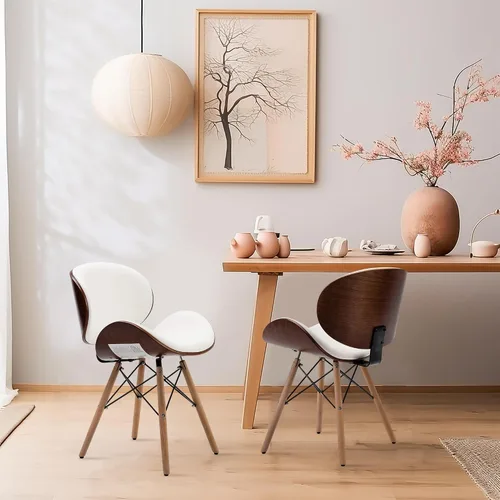 Miniatura 6 de BELLEZE Juego de 2 sillas de comedor modernas de mediados de siglo, tapizadas de piel sintética de nogal con respaldo curvado, silla de comedor