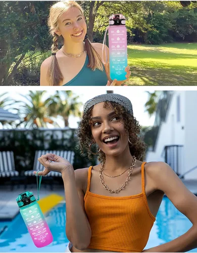 Miniatura 6 de Botella de agua de 33.8 fl oz, a prueba de fugas, libre de BPA y tóxicos, botella deportiva motivacional con tiempos para beber y pajita, fitness