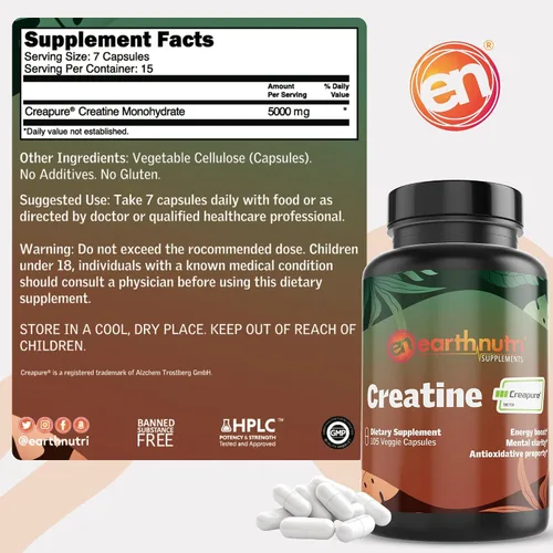Miniatura 5 de EarthNutri Cápsulas de monohidrato de creatina, micronizadas para una mejor absorción, apoya la fuerza muscular, la fuerza y la recuperación, 105