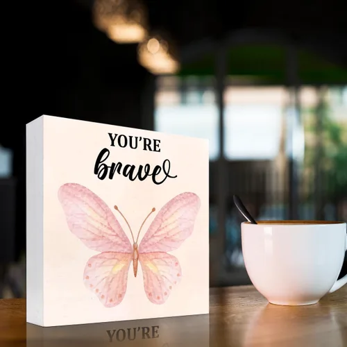 Miniatura 3 de Regalo inspirador, letrero de madera con texto en inglés "You're Brave Girl Positive Affirmations", decoración de escritorio motivacional con diseño
