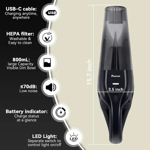 Miniatura 2 de pemacom Aspiradora de Mano Portátil Inalámbrica – Potencia de Succión de 10.000 Pa, Peso Ligero de 0,8 kg, Filtro HEPA Lavable, Luz LED, Silenciosa