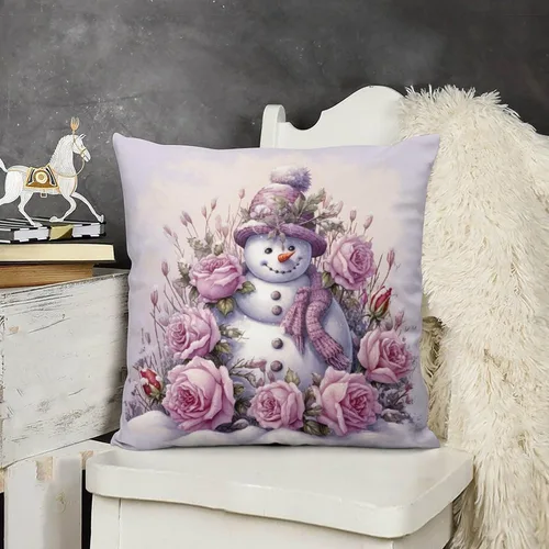 Miniatura 14 de Funda de cojín de muñeco de nieve con rosas rosadas, bufanda y sombrero, funda de almohada para cama, decoración moderna para sofá, dormitorio, sala