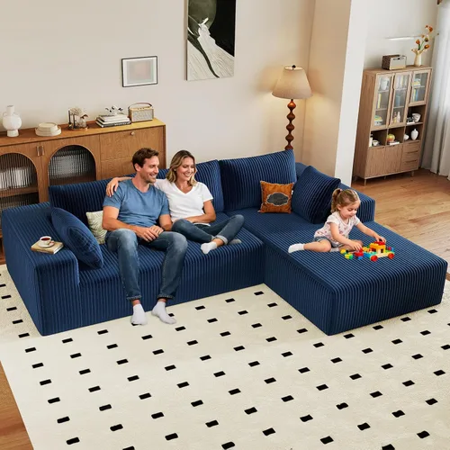 Miniatura 19 de Sofá seccional modular de 96", sofá en forma de L tipo nube sin estructura con chaise lounge, tapizado de pana con asiento profundo de espuma Negro