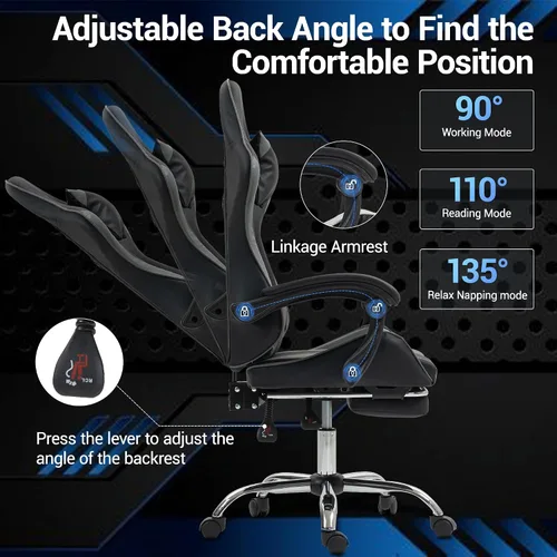 Miniatura 2 de Silla ergonómica para juegos con madera de masaje, silla de videojuegos gris con reposapiés para adultos y niños, reposacabezas ajustable y soporte