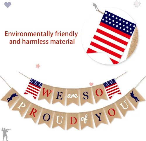 Miniatura 5 de Decoraciones para fiesta del Día de los Veteranos, bandera estadounidense con la frase "We Are so Proud of You", con soldados patrióticos, Día
