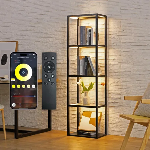 Miniatura 11 de FENLO Fantasy Plus - Estante de exhibición de lujo de 66 pulgadas con lámparas de pie LED regulables, estantes de vidrio resistentes para Madera