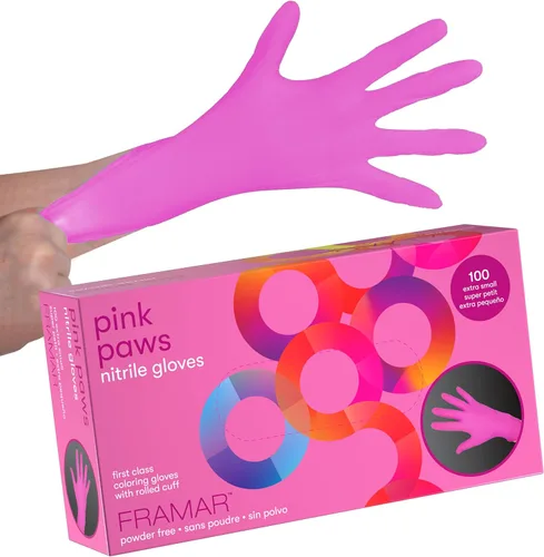 FRAMAR Guantes rosados desechables sin látex, talla XS, guantes de nitrilo rosa XS, guantes de nitrilo para teñir el cabello, salón, limpieza,