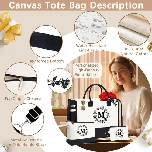 Miniatura 90 de Monogram - Bolsas de lona personalizadas con iniciales para mujer, bordado de doble cara, bolsas de playa, regalos para mujeres