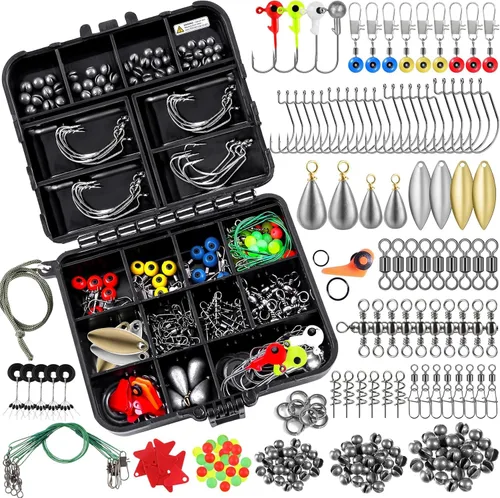 TOPFORT Kit de 187/343 piezas de accesorios de pesca, Caja de aparejos de pesca organizada con aparejos incluidos, anzuelos de pesca, pesas de Kit