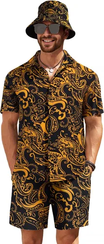 COOFANDY Conjunto de camisa hawaiana y pantalón corto para hombre, traje de playa de 2 piezas con sombreros de pescador