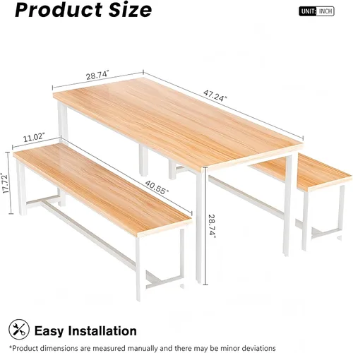 Miniatura 2 de Recaceik Juego de mesa de comedor de 47 pulgadas para 4, mesa de cocina de 3 piezas con 2 bancos, juego de mesa y sillas de cocina de madera, juego
