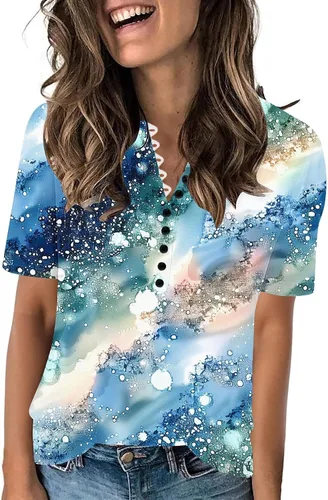 Miniatura 156 de Summer Shirts for Women 2025 Plus Size Short Sleeve Henley Tops Marble Floral Loose Tshirt Tee Casual Dressy Tunics