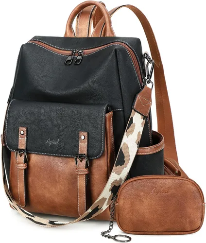 Miniatura 17 de AGLOD Mochila de cuero sintético para mujer, bolsos de viaje de moda para mujer, bolsos de viaje de trabajo de imitación, Beige- negro-marrón