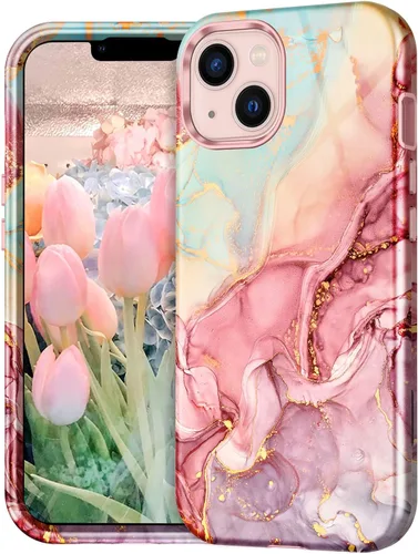 Miniatura 2 de CASEFIV Compatible con funda para iPhone 13, patrón de mármol 3 en 1, resistente a golpes y caídas, cuerpo completo, policarbonato duro y silicona