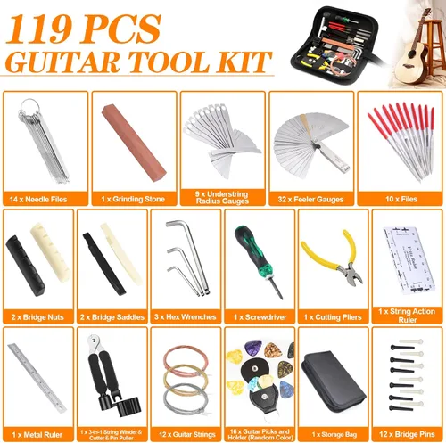 Miniatura 2 de Kit de herramientas de guitarra, kit de reparación de guitarra profesional de 119 piezas, kit de mantenimiento de guitarra con accesorios