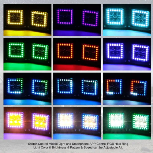 Miniatura 6 de ASLONG 4 Piezas Cubos LED 3X3 Blanco/Ámbar Pods Estroboscópicos de Inundación Trabajo con Halo RGB Chaser 16 Colores Sólidos Más de 92 Modos