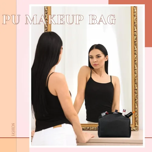 Miniatura 4 de 20 bolsas de maquillaje de piel sintética con cremallera, bolsas de maquillaje impermeables, contenedor de belleza para mujeres, regalos de Negro