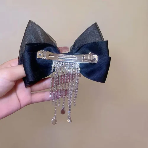 Miniatura 4 de Pasador de pelo de lujo con lazo de malla de diamante con borla de cristal, clip de resorte, horquilla en la parte posterior de la cabeza, horquilla