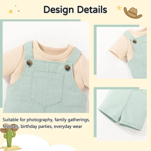 Miniatura 5 de MBMSHEGH Conjunto de ropa de verano para bebé y niño, con parte superior acanalada y tirantes con botones