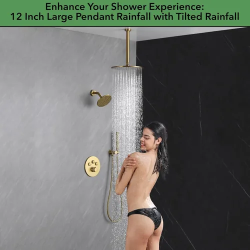 Miniatura 7 de VANFOXLE Juego de Grifería de Ducha Termostática Dorado Cepillado Sistema de Ducha, Grifo de Ducha con Desviador de Botón Pulsador con Ducha de Mano