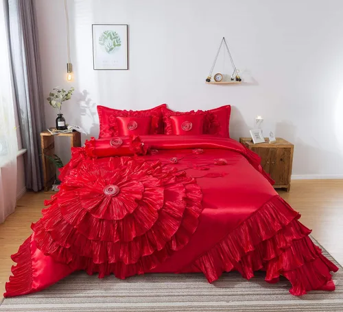 Miniatura 3 de Tache VEHY4174-CK - Juego de edredón de satén de tamaño California King, color rojo brillante, diseño de rosas románticas con volantes
