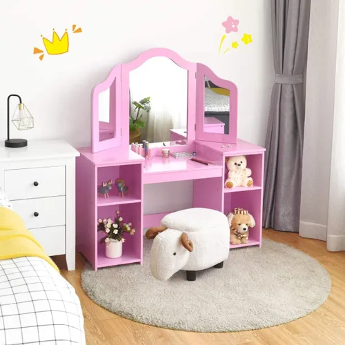 Miniatura 2 de MAT EXPERT Juego de mesa de tocador para niños con espejo de tres pliegues, tocador de juego de simulación con 4 estantes de almacenamiento, tocador