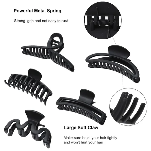 Miniatura 3 de 5 pinzas de pelo grandes para cabello grueso, pinzas de pelo grandes de plátano para mujeres, antideslizantes, de sujeción fuerte (negro mate)