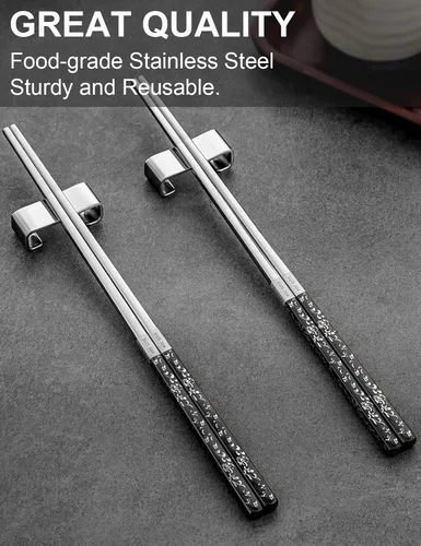 Miniatura 3 de FOFAYU Palillos de metal reutilizables, 2 pares de palillos de acero inoxidable chapados en titanio con soporte, aptos para lavavajillas