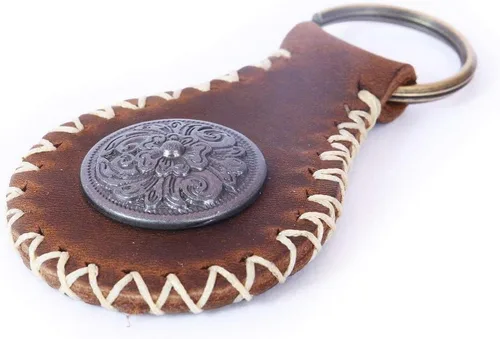 Handmade Vintage Leather Keychain with Ornate Metal Clasp - Round Teardrop Genuine Cowhide Key Ring for Car Keys, Bags, Door Keys, Hand-Stitched