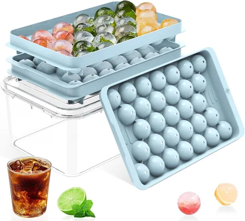 Bandeja para cubitos de hielo con tapa y contenedor, bandejas redondas para cubitos de hielo para congelador, molde de hielo de grado alimenticio