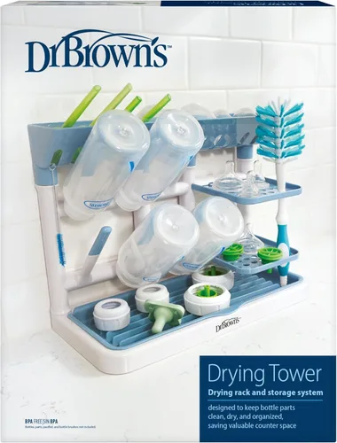 Miniatura 14 de Dr. Brown's Torre de secado de biberones, estante de secado alto, organizador de fregadero azul/blanco para biberones y piezas con dos soportes