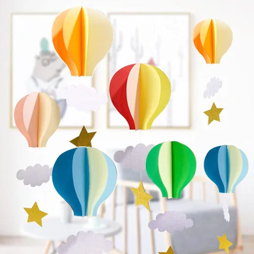 Miniatura 2 de Colorido globo aerostático colgante de papel decorativo (paquete de 4) - Globo grande de aire caliente con nubes estrellas colgantes guirnalda