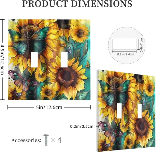 Miniatura 5 de Girasoles Amarillos Verde Azulado Mariposa Cubierta de Interruptor de Luz de Doble Palanca Decorativa Placa de Pared de 2 Gang Rústica Botánica